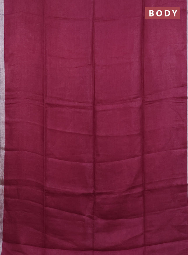 Pure linen saree dark pink and lavender with plain body and silver zari woven border