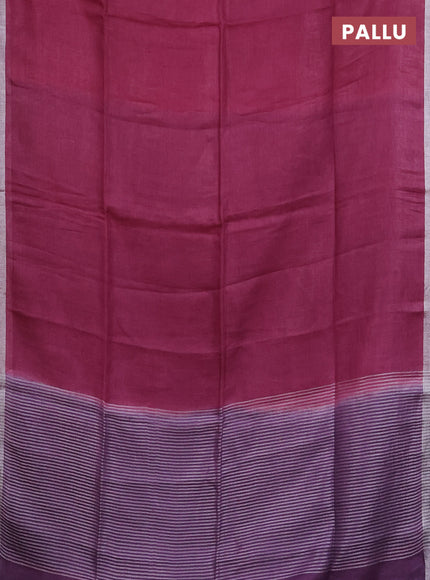 Pure linen saree dark pink and lavender with plain body and silver zari woven border