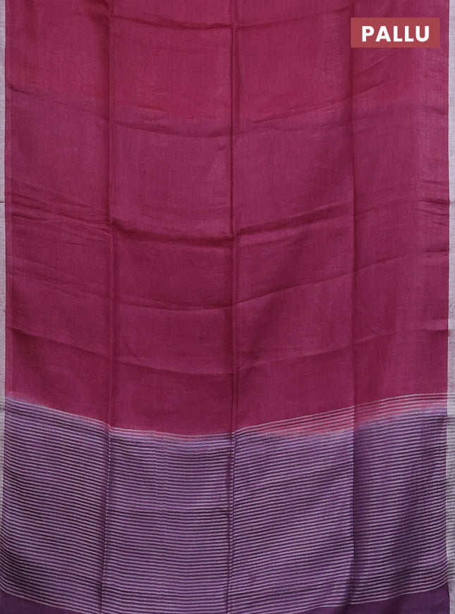 Pure linen saree dark pink and lavender with plain body and silver zari woven border