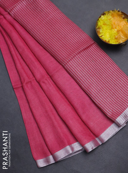 Pure linen saree pink with plain body and silver zari woven border