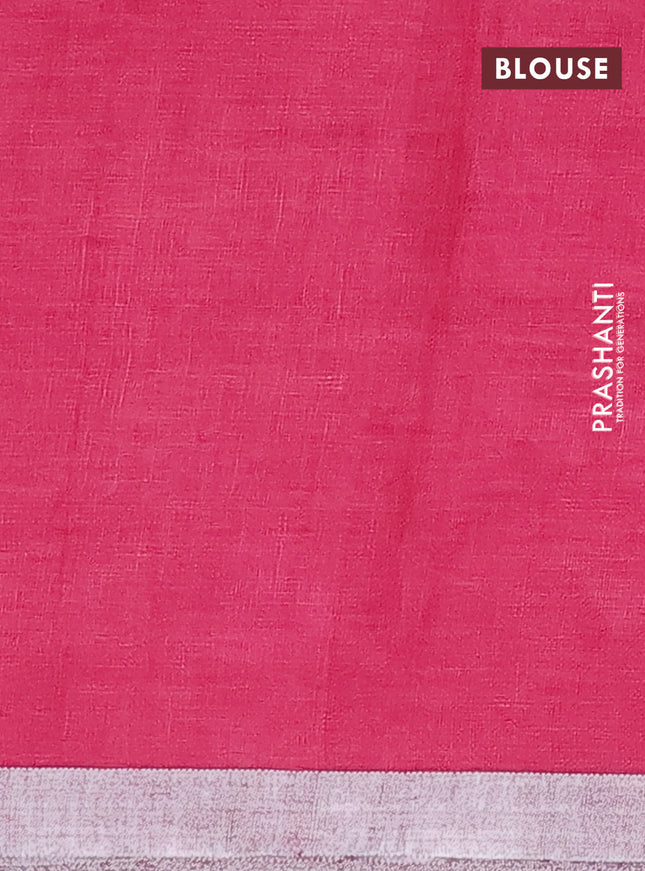 Pure linen saree pink with plain body and silver zari woven border