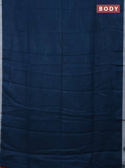 Pure linen saree peacock blue and maroon with plain body and silver zari woven border