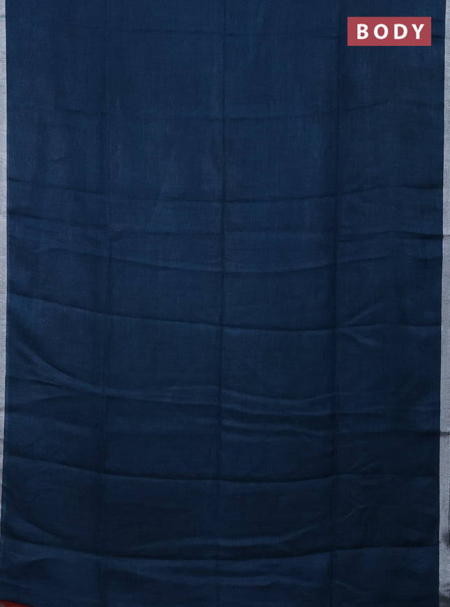 Pure linen saree peacock blue and maroon with plain body and silver zari woven border