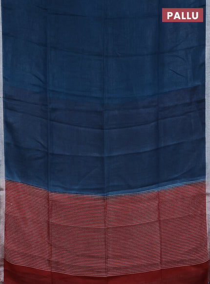 Pure linen saree peacock blue and maroon with plain body and silver zari woven border