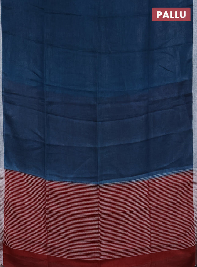 Pure linen saree peacock blue and maroon with plain body and silver zari woven border