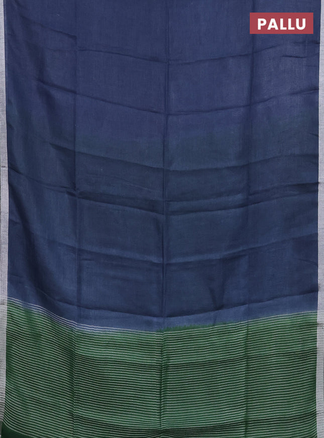 Pure linen saree peacock blue and green with plain body and silver zari woven border