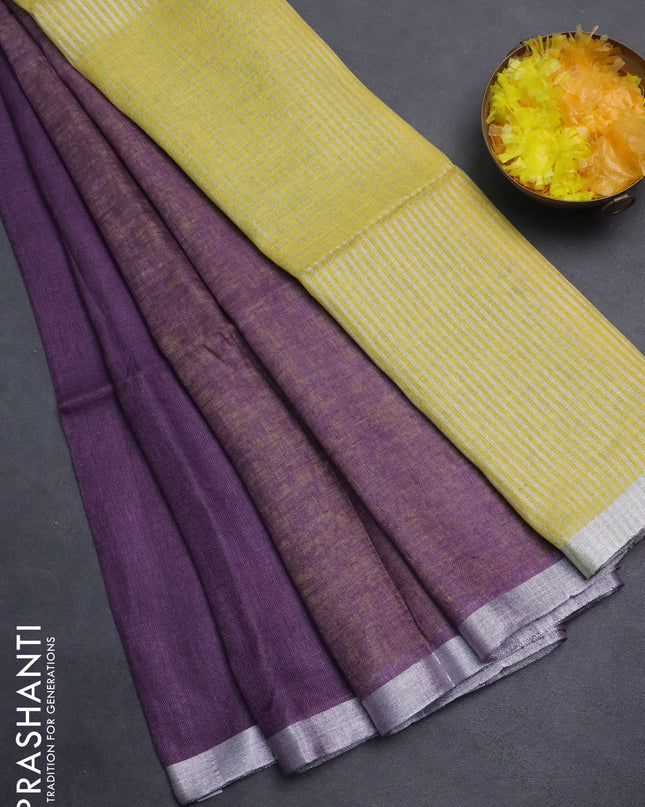 Pure linen saree purple and lime yellow with plain body and silver zari woven border
