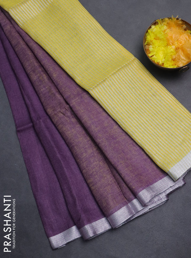 Pure linen saree purple and lime yellow with plain body and silver zari woven border