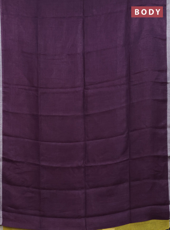 Pure linen saree purple and lime yellow with plain body and silver zari woven border