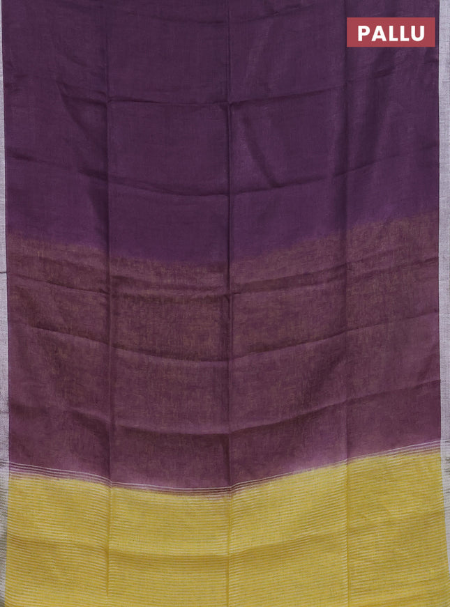 Pure linen saree purple and lime yellow with plain body and silver zari woven border