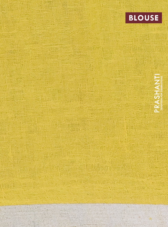 Pure linen saree purple and lime yellow with plain body and silver zari woven border