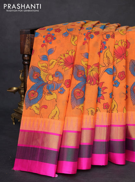 Silk cotton saree orange and pink with allover kalamkari prints and temple design zari woven simple border