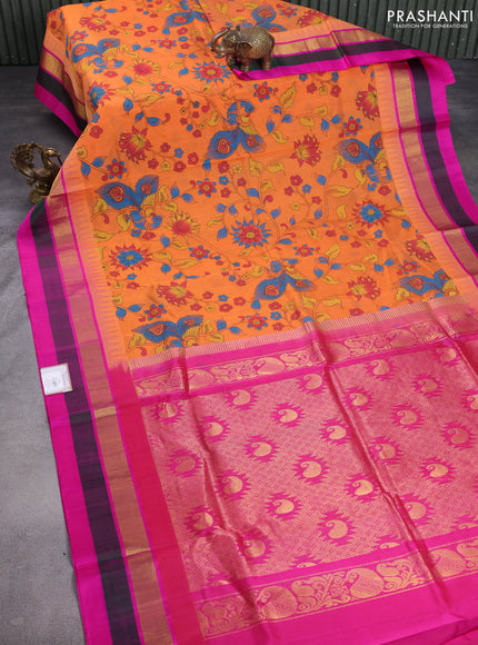 Silk cotton saree orange and pink with allover kalamkari prints and temple design zari woven simple border