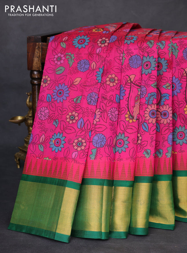 Silk cotton saree magenta pink and green with allover kalamkari prints and temple design zari woven simple border