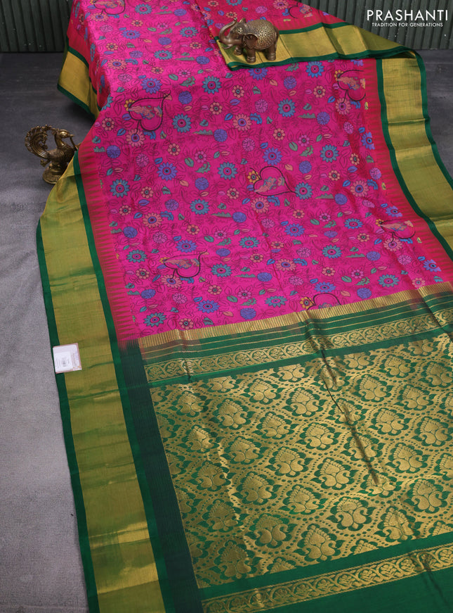 Silk cotton saree magenta pink and green with allover kalamkari prints and temple design zari woven simple border