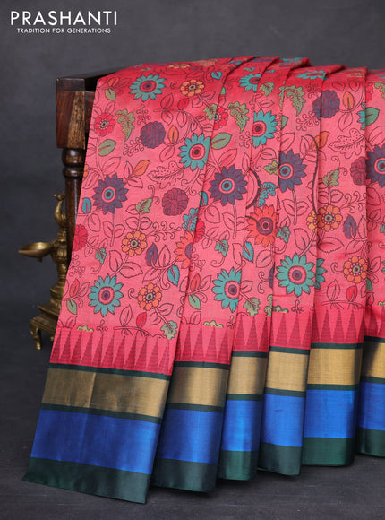 Silk cotton saree pink shade and bottle green with allover kalamkari prints and temple design zari woven simple border