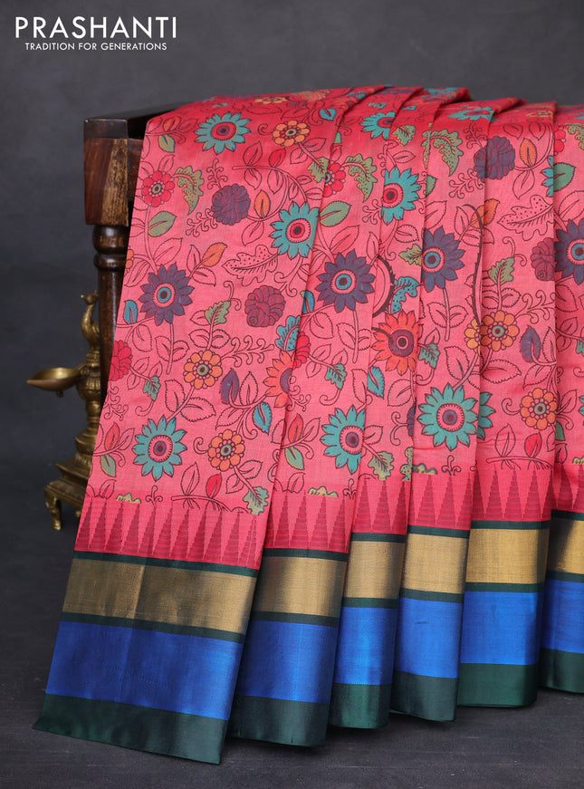 Silk cotton saree pink shade and bottle green with allover kalamkari prints and temple design zari woven simple border