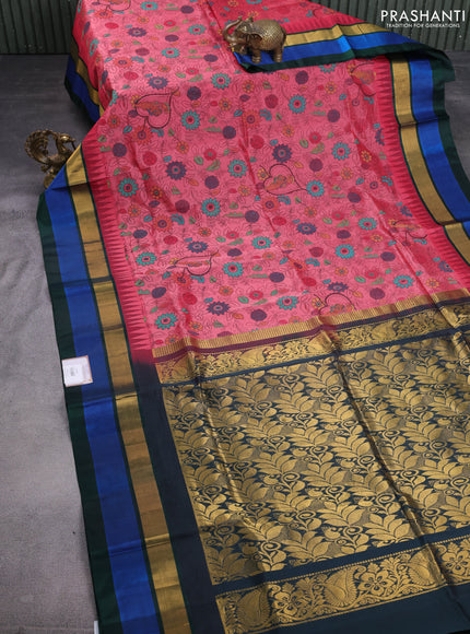 Silk cotton saree pink shade and bottle green with allover kalamkari prints and temple design zari woven simple border