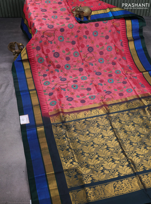 Silk cotton saree pink shade and bottle green with allover kalamkari prints and temple design zari woven simple border