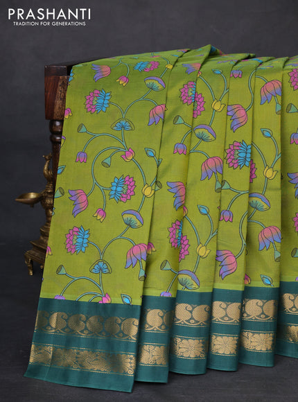 Silk cotton saree mehendi green and green with allover kalamkari prints and zari woven korvai border