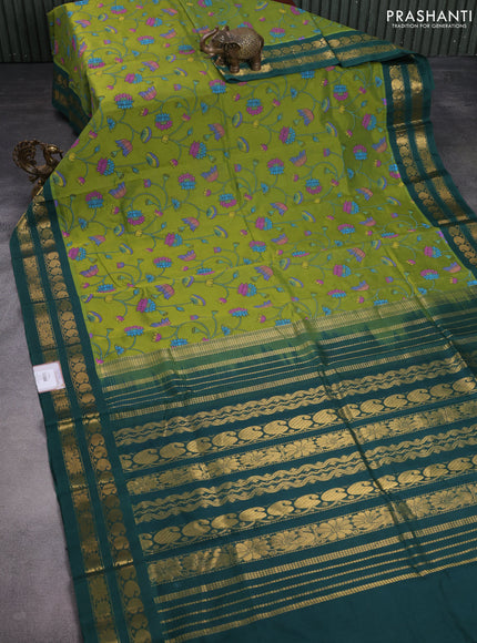 Silk cotton saree mehendi green and green with allover kalamkari prints and zari woven korvai border