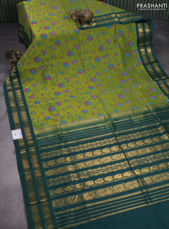 Silk cotton saree mehendi green and green with allover kalamkari prints and zari woven korvai border