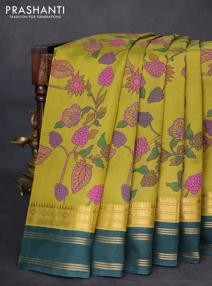Silk cotton saree lime green and bottle green with allover kalamkari prints and temple design zari woven border