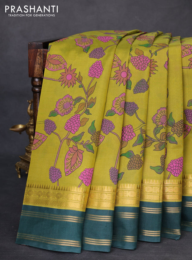 Silk cotton saree lime green and bottle green with allover kalamkari prints and temple design zari woven border