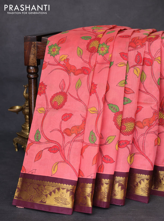 Silk cotton saree peach pink and deep maroon with allover kalamkari prints and zari woven korvai border