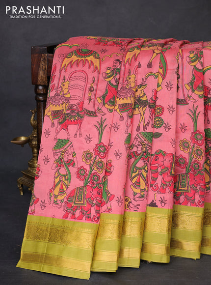 Silk cotton saree peach pink and lime green with allover kalamkari prints and rettapet zari woven korvai border