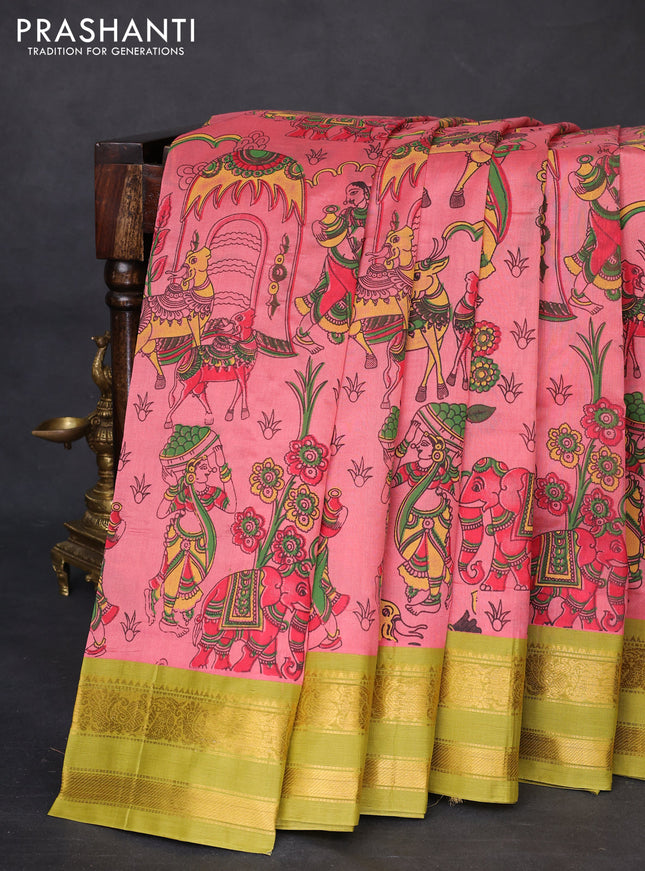 Silk cotton saree peach pink and lime green with allover kalamkari prints and rettapet zari woven korvai border