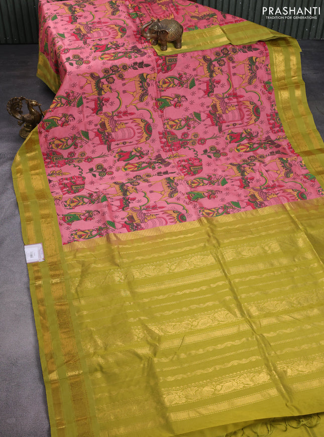 Silk cotton saree peach pink and lime green with allover kalamkari prints and rettapet zari woven korvai border