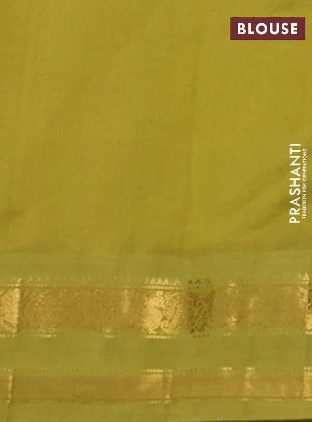 Silk cotton saree peach pink and lime green with allover kalamkari prints and rettapet zari woven korvai border