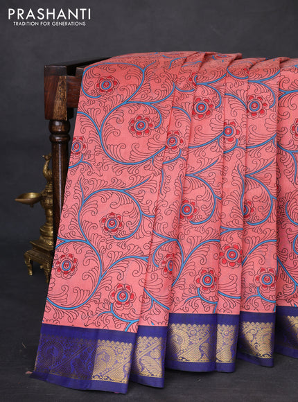 Silk cotton saree peach pink and blue with allover kalamkari prints and zari woven korvai border
