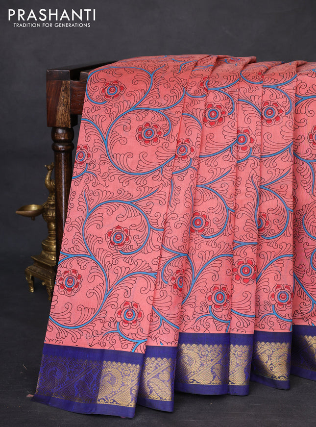 Silk cotton saree peach pink and blue with allover kalamkari prints and zari woven korvai border