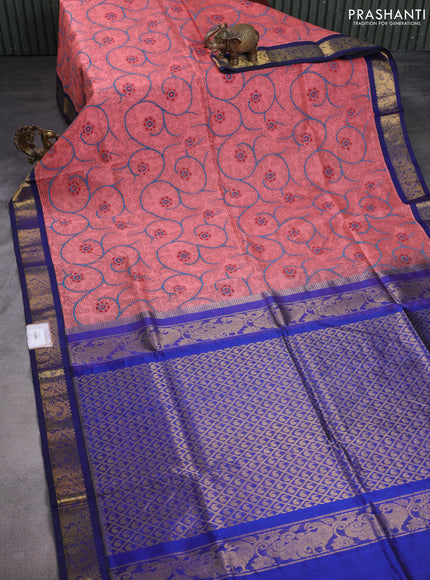 Silk cotton saree peach pink and blue with allover kalamkari prints and zari woven korvai border