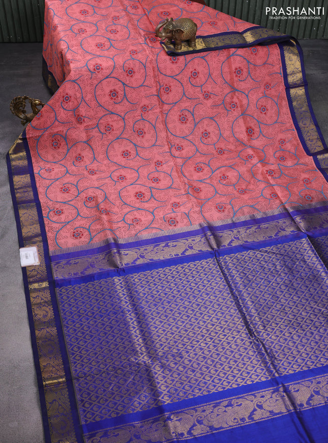 Silk cotton saree peach pink and blue with allover kalamkari prints and zari woven korvai border