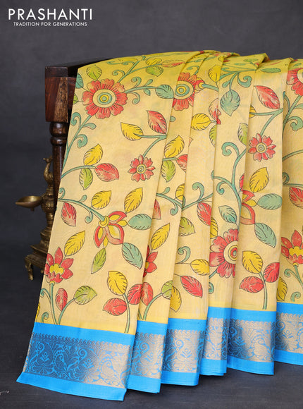 Silk cotton saree pale yellow and cs blue with allover kalamkari prints and zari woven korvai border
