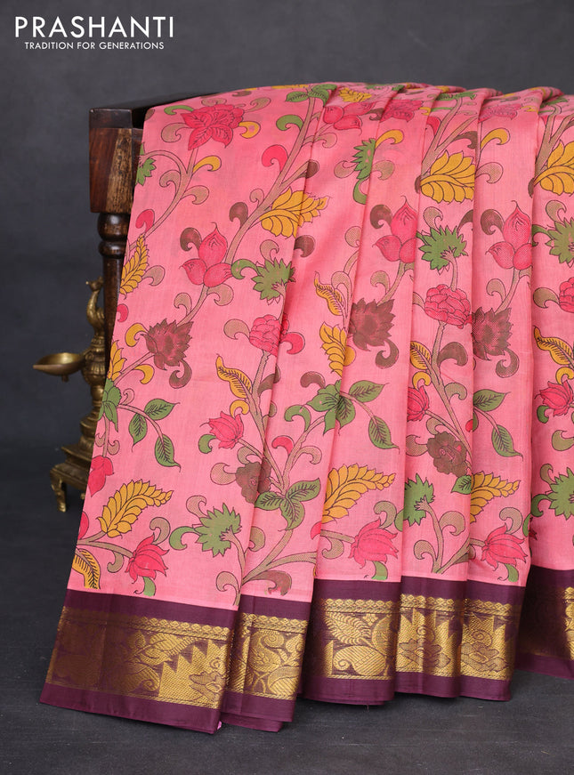 Silk cotton saree peach pink and wine shade with allover kalamkari prints and zari woven korvai border