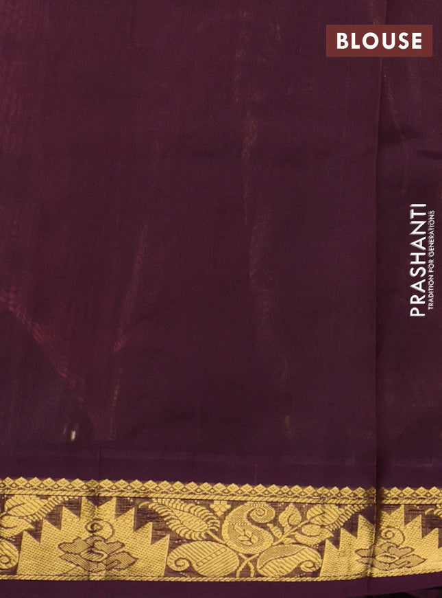 Silk cotton saree peach pink and wine shade with allover kalamkari prints and zari woven korvai border