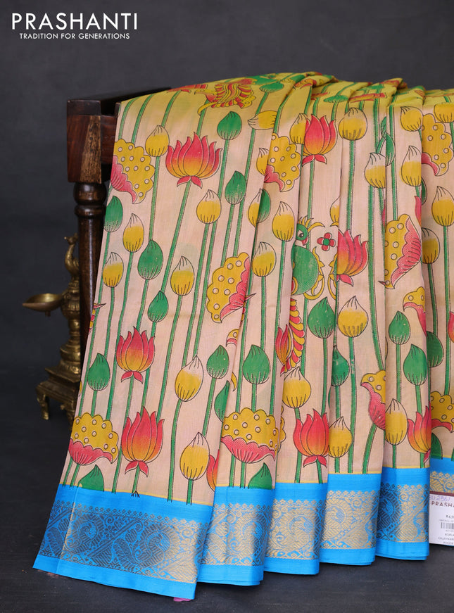 Silk cotton saree sandal and cs blue with allover kalamkari prints and zari woven korvai border