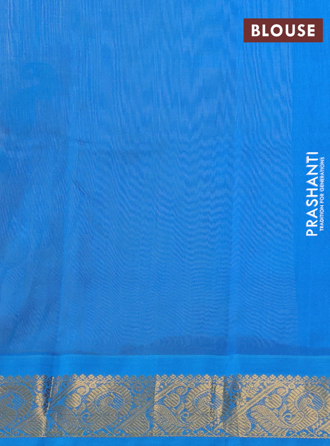 Silk cotton saree sandal and cs blue with allover kalamkari prints and zari woven korvai border