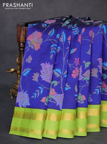 Silk cotton saree blue and green with allover kalamkari prints and zari woven korvai border