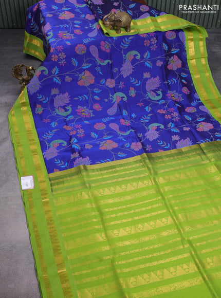 Silk cotton saree blue and green with allover kalamkari prints and zari woven korvai border