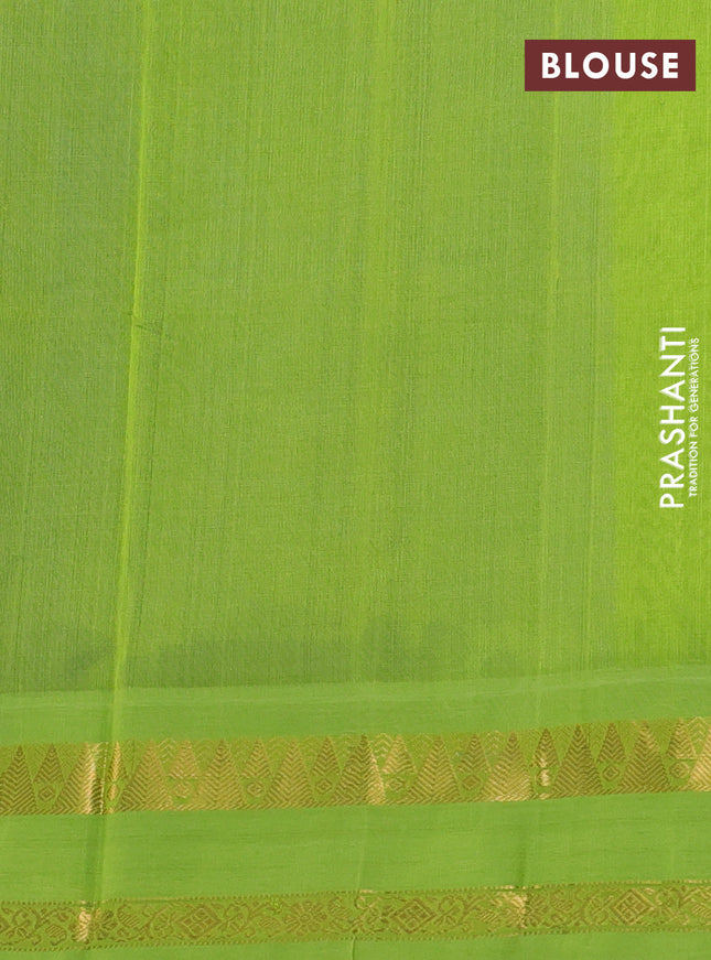 Silk cotton saree blue and green with allover kalamkari prints and zari woven korvai border