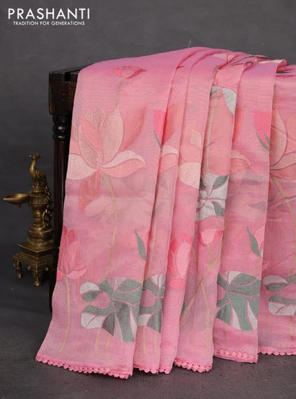 Chanderi tissue saree peach pink with allover floral embroidery and lace work border