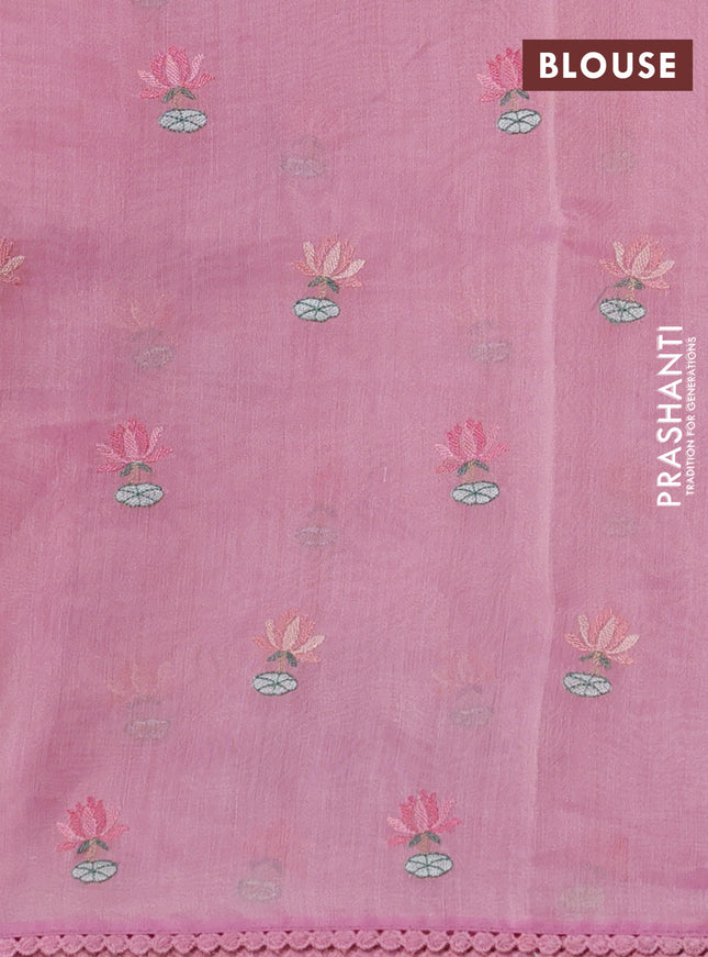 Chanderi tissue saree peach pink with allover floral embroidery and lace work border