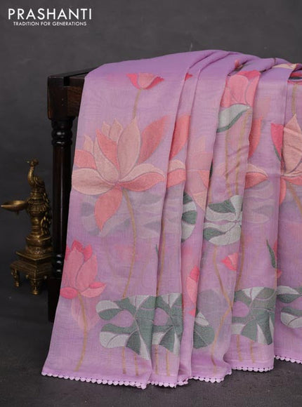 Chanderi tissue saree lavender with allover floral embroidery and lace work border