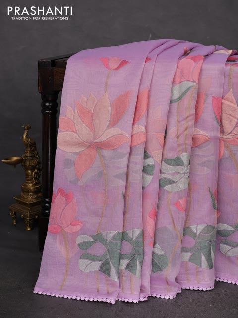 Chanderi tissue saree lavender with allover floral embroidery and lace work border