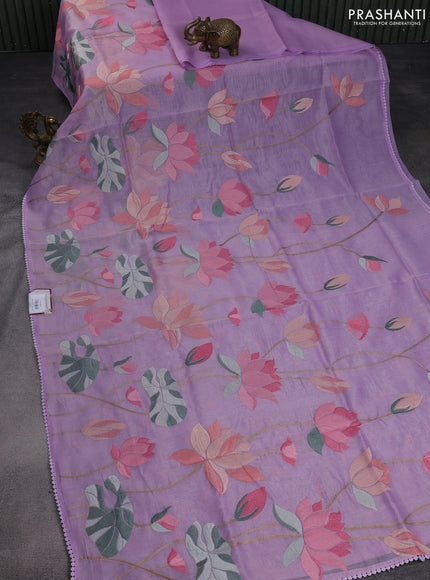 Chanderi tissue saree lavender with allover floral embroidery and lace work border